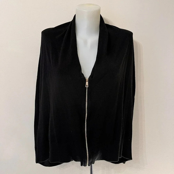 Zara Knit Black Cardigan Sweater Gold Zip Classic Careerwear Oversized Boxy Sz S - Picture 1 of 10